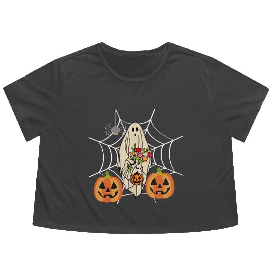 Halloween Costume Floral Ghost Pumpkin SpiderWeb Flowy Cropped Tees