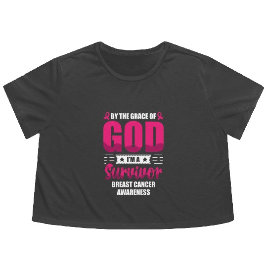 By The Grace Of God I'm A Breast Cancer Survivor Flowy Cropped Tees