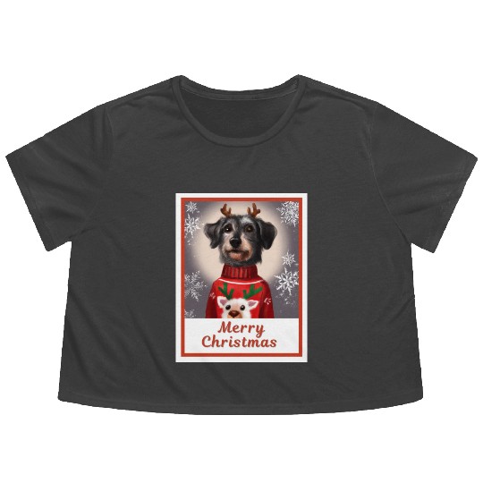 Miniature Black Schnauzer in a Christmas sweater. Flowy Cropped Tees