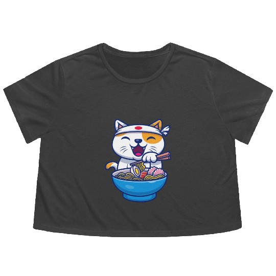 Ramen Cute Cat Japan Kawaii Flowy Cropped Tees
