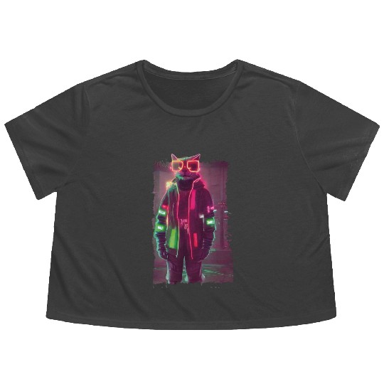 Cyberpunk Cat Flowy Cropped Tees