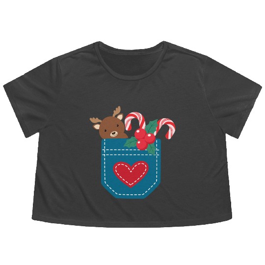 Christmas moose peppermint pocket Flowy Cropped Tees