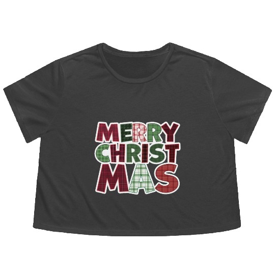 Merry Christmas Motif Plaid Pattern Flowy Cropped Tees
