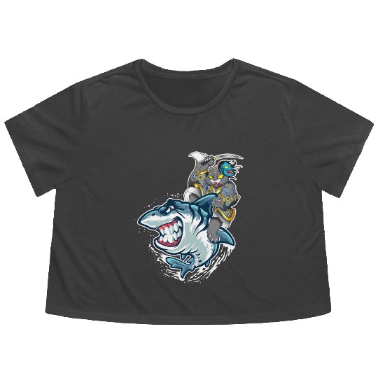 Cat Samurai Riding On Shark Flowy Cropped Tees