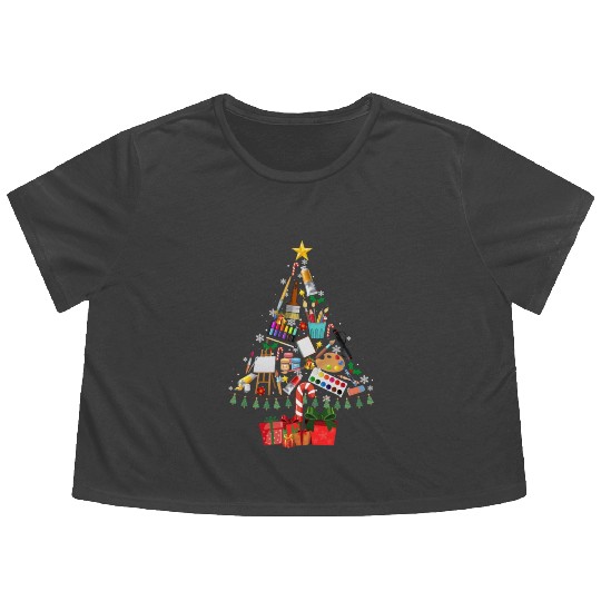 Art Xmas Tree Decor Art Teacher Ugly Artist Xmas Flowy Cropped Tees