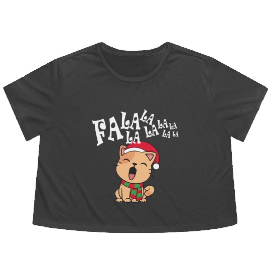 Cute Christmas Cat Singing Fa la la la Song Flowy Cropped Tees