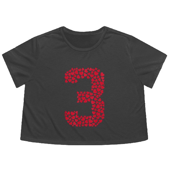 Number 3 Hearts Shaped 3rd Birthday Valentine Day Flowy Cropped Tees