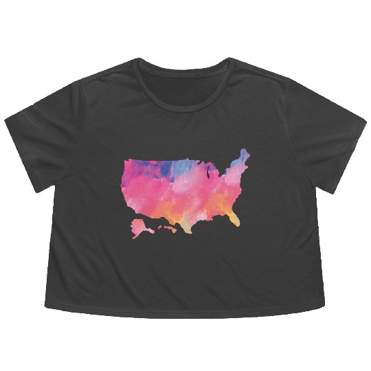 USA Map Watercolor Art America Flowy Cropped Tees