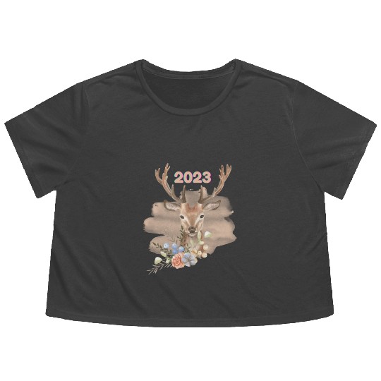 Brown Beige Watercolor Illustrated Deer Flowy Cropped Tees