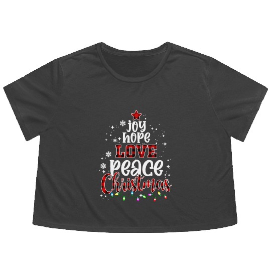 Joy Hope Love Peace Christmas Red Buffalo Plaid Flowy Cropped Tees