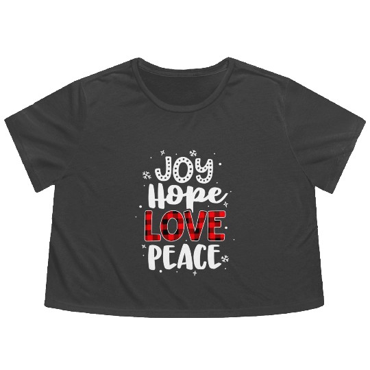 Joy Hope Love Peace Red Buffalo Plaid Christmas Flowy Cropped Tees