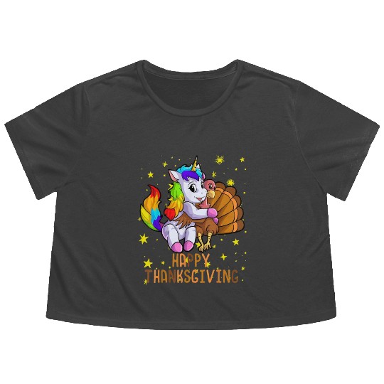 Rainbow Cute Unicorn and Turkey Happy Thanksgiving Flowy Cropped Tees