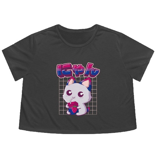 Bisexual Pride Bi Kawaii Cat Strawberry Milk Bisex Flowy Cropped Tees