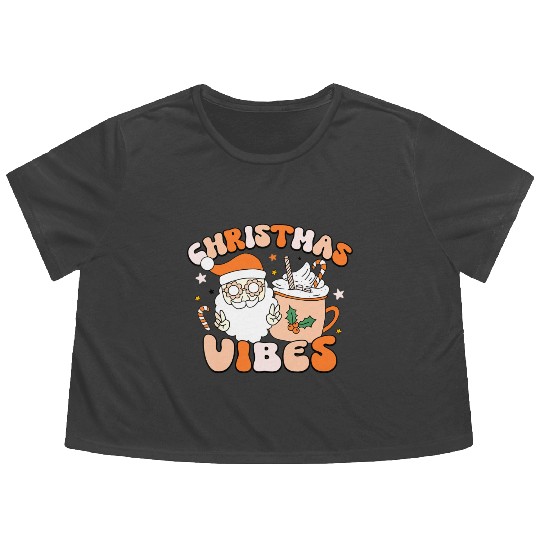 Retro Groovy Christmas Vibes Cute Santa Claus Xmas Flowy Cropped Tees