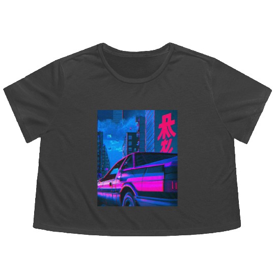 Vaporwave Car Synthwave City Flowy Cropped Tees