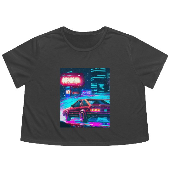 Vaporwave Car Synthwave City Flowy Cropped Tees