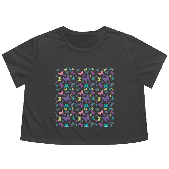 Butterflies Pastel Purple Pink Green Pattern Flowy Cropped Tees