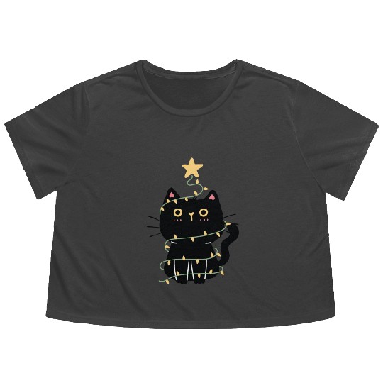 Funny Cat Christmas Flowy Cropped Tees,Meow Christmas