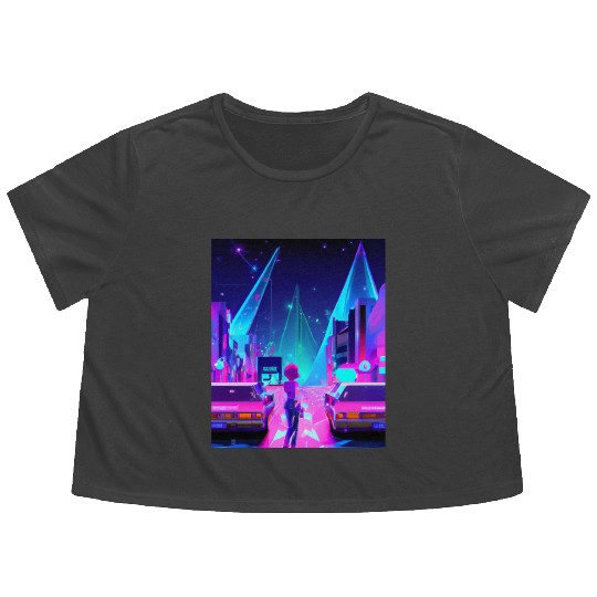 Vaporwave Car Synthwave Girl Flowy Cropped Tees