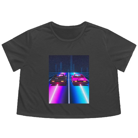 Vaporwave Car Synthwave City Flowy Cropped Tees