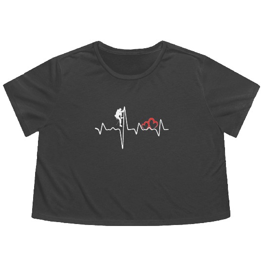Rock Climbing EKG Heartbeat Love Mountain Climber Flowy Cropped Tees