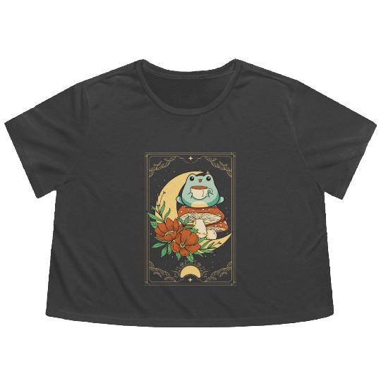 Cottagecore Aesthetic Tarot Card Frog Sipping Tea Flowy Cropped Tees