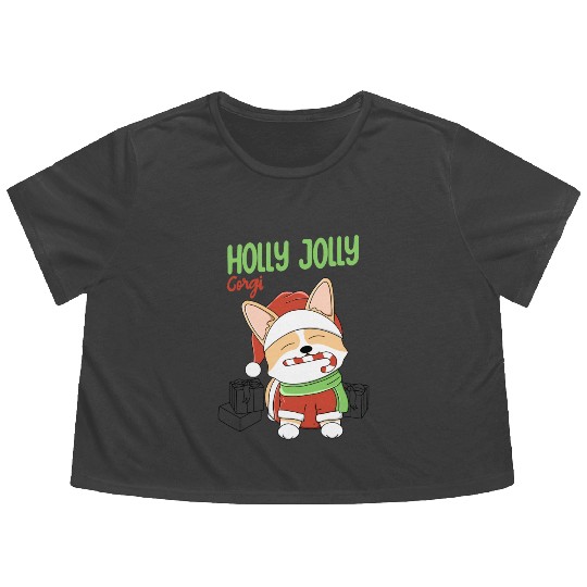 Holly Jolly Corgi Flowy Cropped Tees