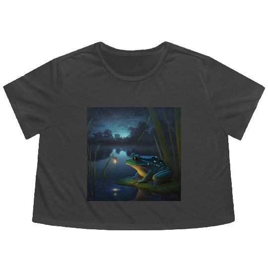 Frog and Firefly Friends on the Pond at Night Flowy Cropped Tees