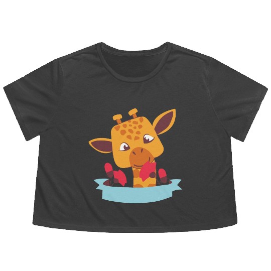 kawaii funny cute baby giraffe smells flowers Flowy Cropped Tees