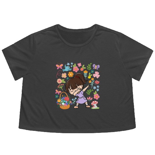 Dabbing Girl Hippie Flower Bouquet Basket Spring Flowy Cropped Tees