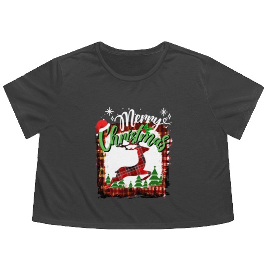 Red Plaid deer Christmas Lights Buffalo Family Flowy Cropped Tees