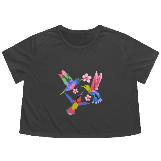 Rainbow Hummingbird Watercolor Colorful Bird Lover Flowy Cropped Tees