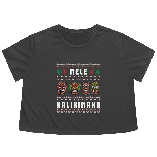 Mele Kalikimaka Hawaii Tiki Funny Ugly Christmas Flowy Cropped Tees