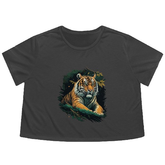 Tiger sitting in Jungle Flowy Cropped Tees