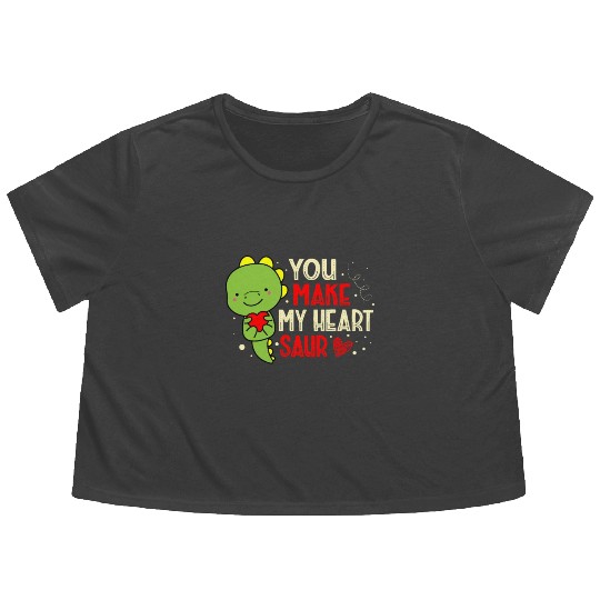 You Make My Heart Saur Dinosaur Valentines Day Flowy Cropped Tees
