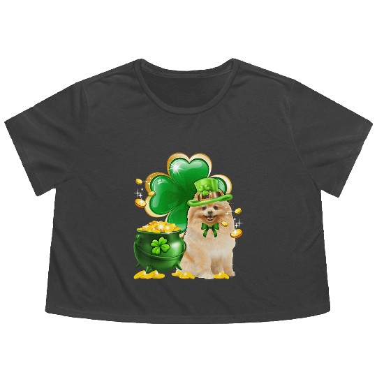 Pomeranian Dog Shamrock St Patricks Day Flowy Cropped Tees