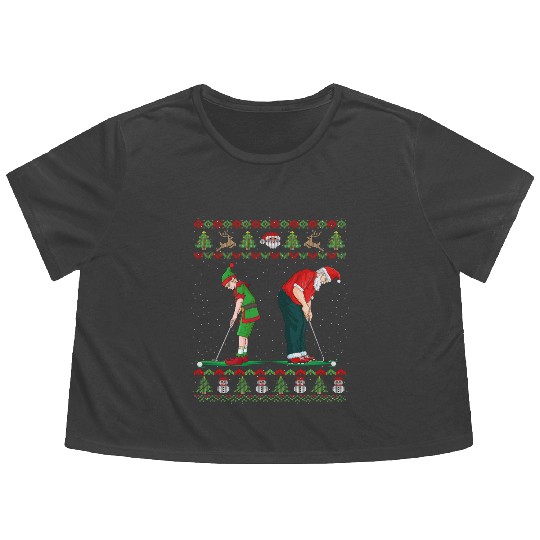 Golf Elf Golfer Ugly Christmas Santa Claus Golfing Flowy Cropped Tees