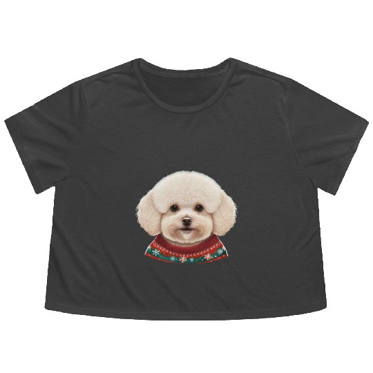Festive Bichon Frise in a Christmas Sweater Flowy Cropped Tees