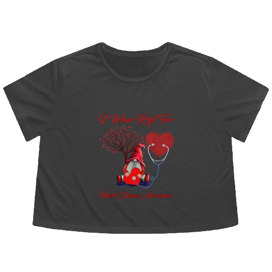 Gnomes I Wear Red For Heart Disease Awareness Flowy Cropped Tees