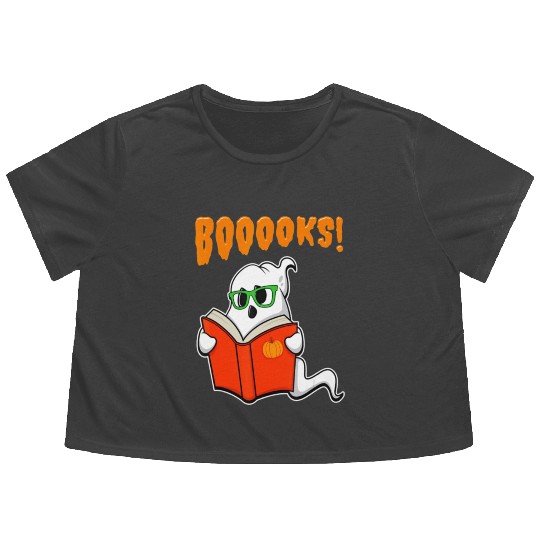 Funny Teacher Halloween Ghost Books Reading Flowy Cropped Tees