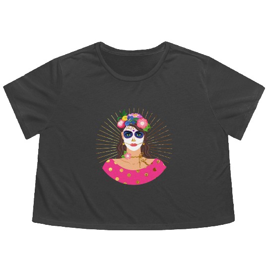 Dia De Los Muertos Flowy Cropped Tees, Little Girl Sugar Skull