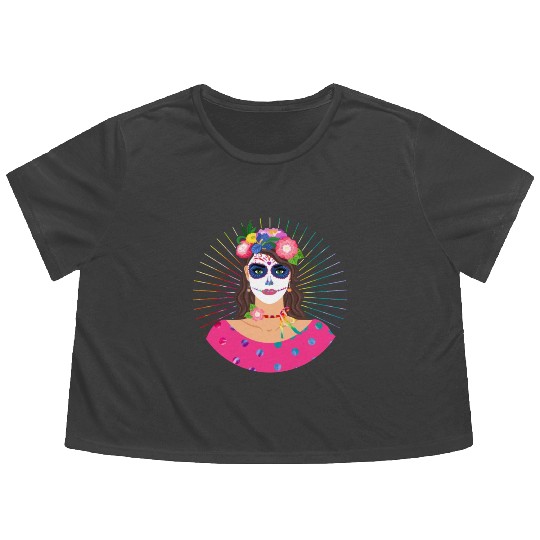 Dia De Los Muertos Flowy Cropped Tees, Little Girl Sugar Skull