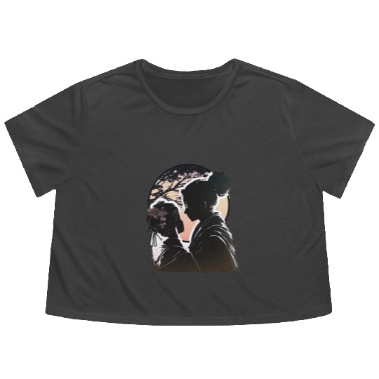 Romantic Embrace, Ukiyo-E Valentine's Day Design, Flowy Cropped Tees