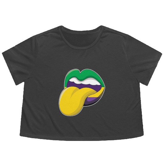 Tongue Lips Festival Parade Beads Mardi Gras Flowy Cropped Tees