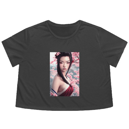 japanese geisha woman Japan wallart sakura pink Flowy Cropped Tees