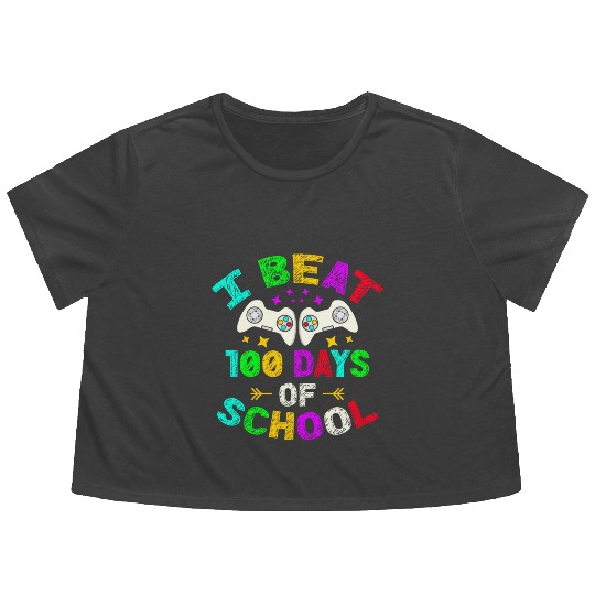 I Beat 100 Days Of School Video Game Player Kid Flowy Cropped Tees