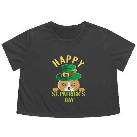 Angry Mad Cat Happy Saint Patrick Day Flowy Cropped Tees