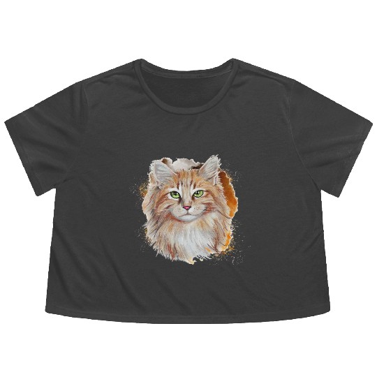 Watercolor Splash Beautiful Brown Cat Flowy Cropped Tees