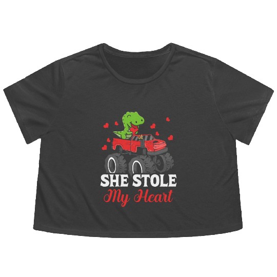 She Stole My Heart Dinosaur T-Rex Truck Flowy Cropped Tees