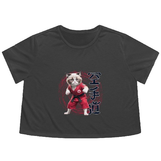 Karate Cat, Karatedo Japanese Kanji Flowy Cropped Tees